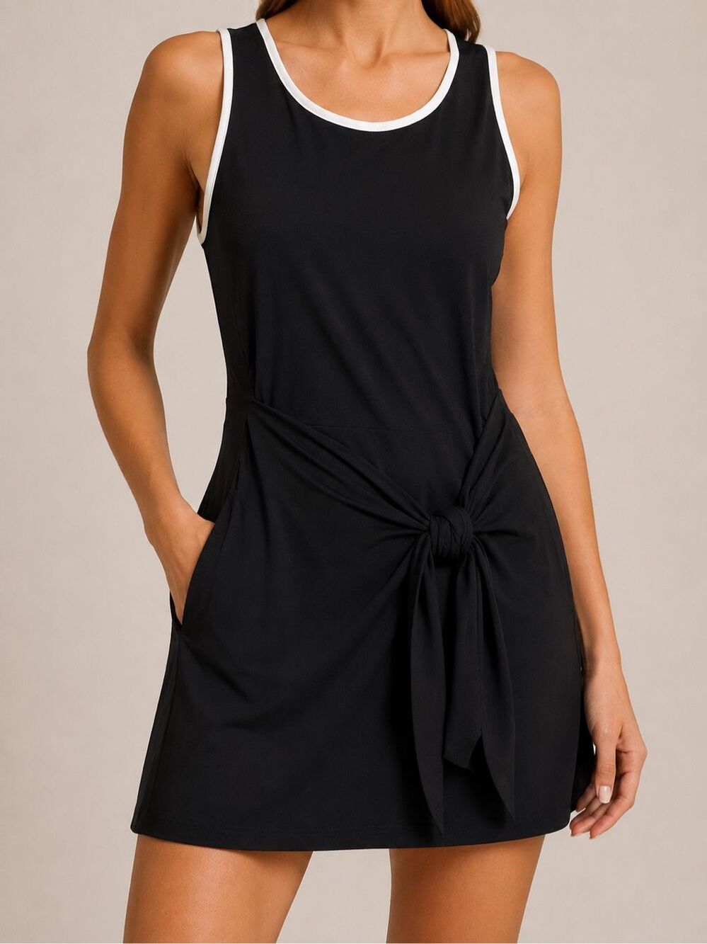 YPB StudioFLEX Black Mini Dress XL Tie Waist White Trim Activewear